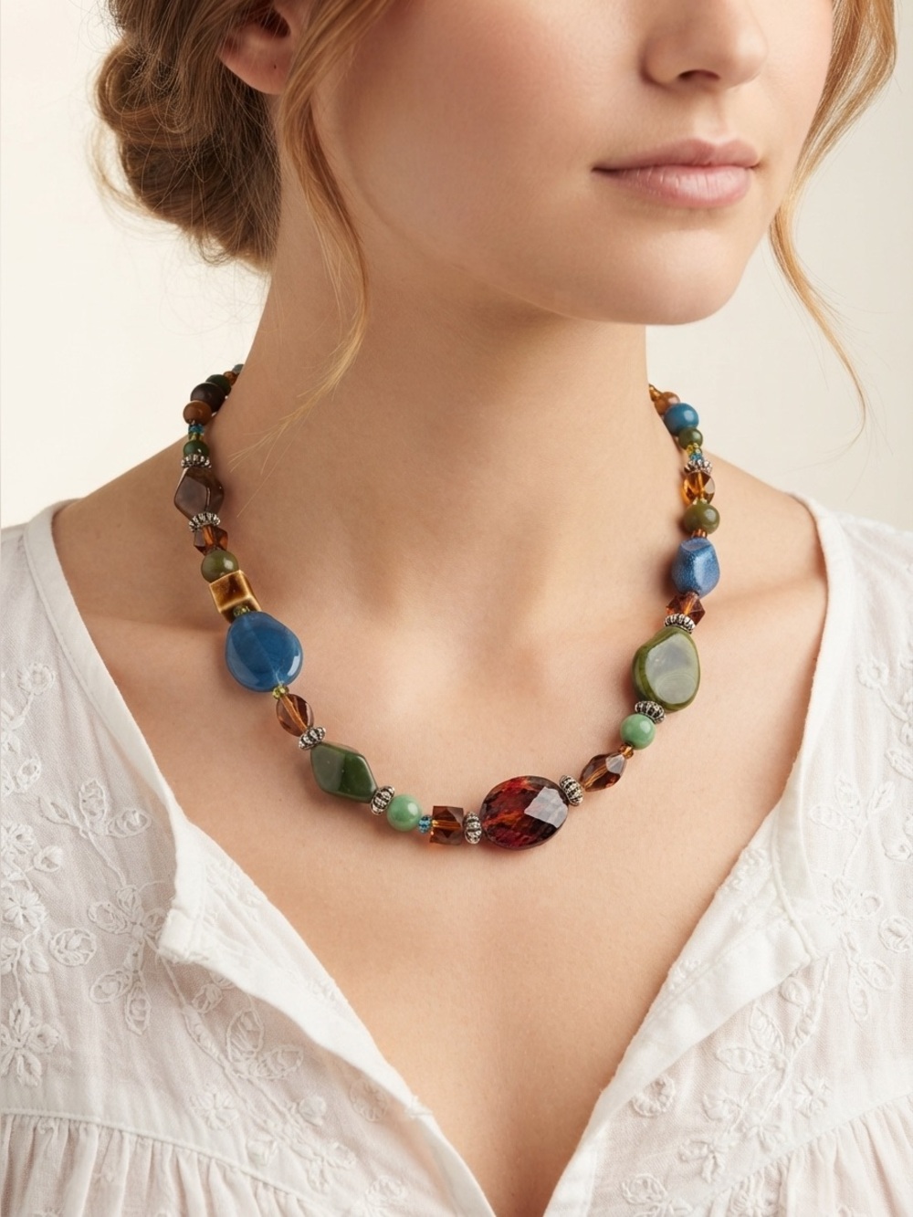 Vintage Boho Chunky Beaded Statement Necklace Multicolor Semi-Precious Style